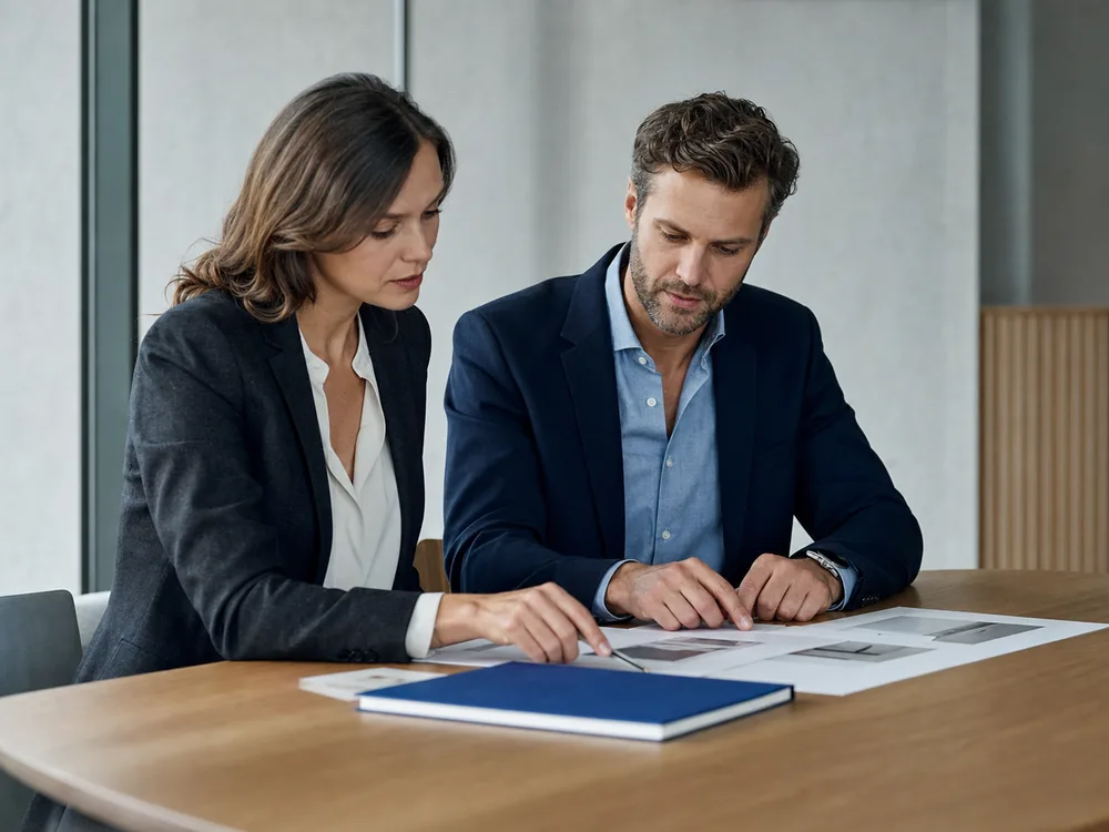 Two business professionals reviewing a project together