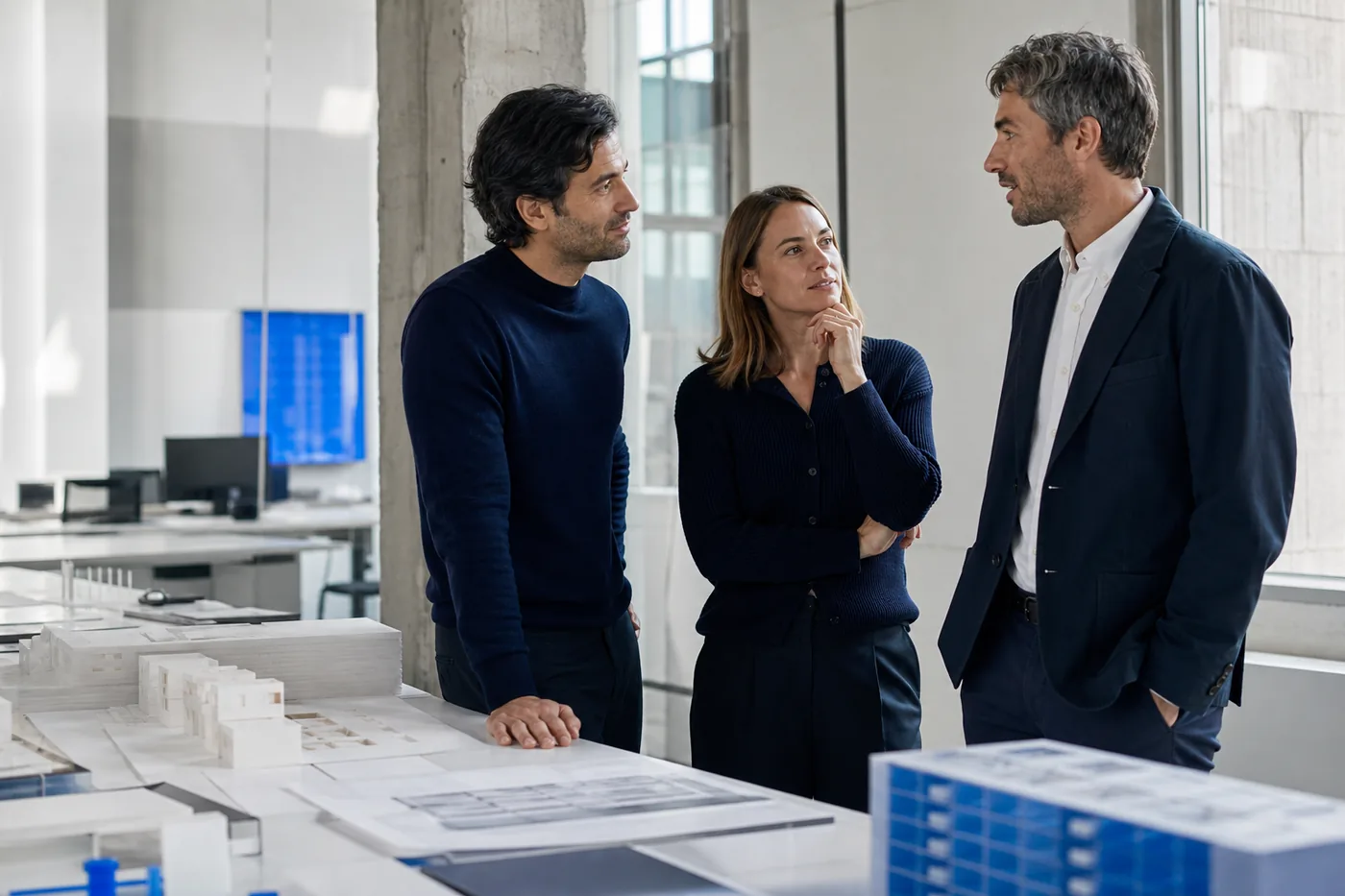 Three business professionals in a focused conversation in a modern workspace
